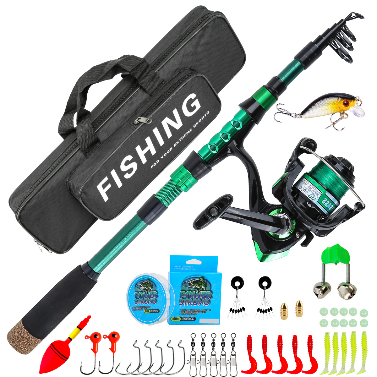 Fishing Rod Case - 1.8-metrowy zielony teleskopowy zestaw wędkarski z